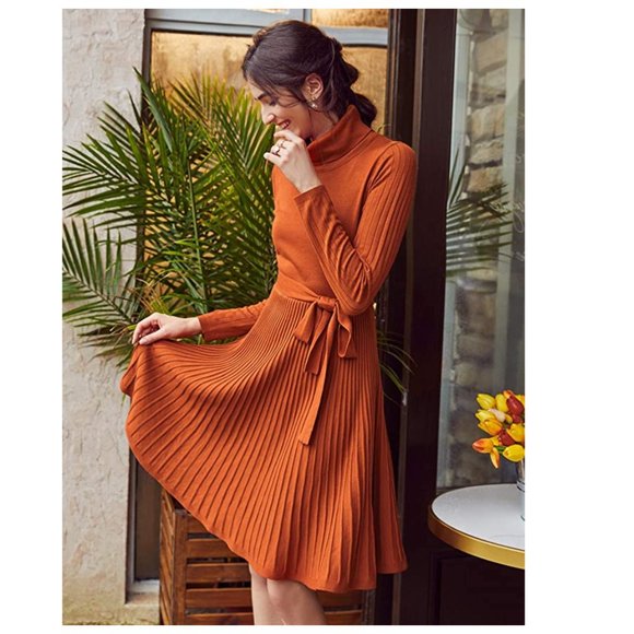 Boutique Dresses & Skirts - Fall Orange Fit and Flare Belted Dress